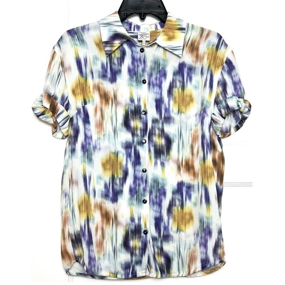 BAUM UND PFERDGARTEN Silk Blend Abstract Print Cuff Short Sleeve Button Up Top 2 - Picture 4 of 13